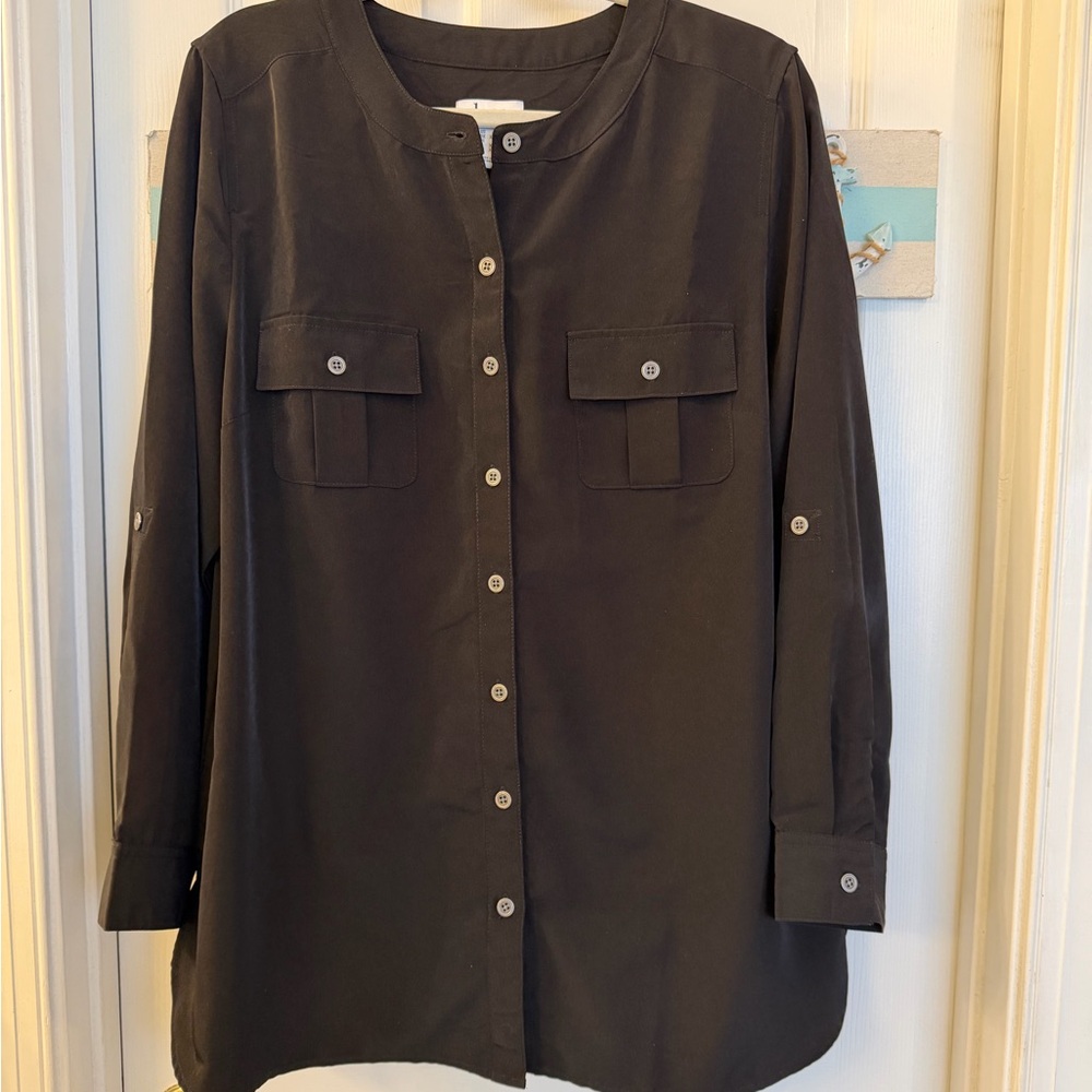 Denim & Co. Black Button Front Roll Tab Utility Tunic Top Sz Lg